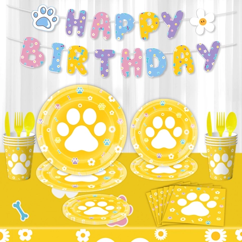 Simpatica Collezione di Articoli per Feste con Impronte di Zampe di Cane Piatti di Carta Usa e Getta Tovaglioli Tovaglia Banner per Decorazioni di Compleanno a Tema Cucciolo