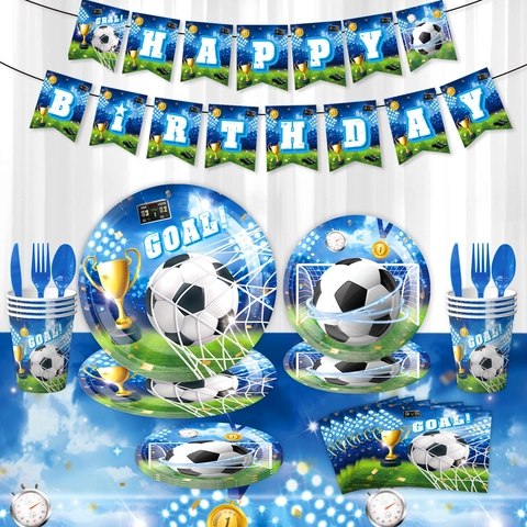 Kit de Suministros para Fiesta de Cumpleaños de Fútbol Decoración Deportiva Azul Pancarta Platos Vasos Servilletas Niños