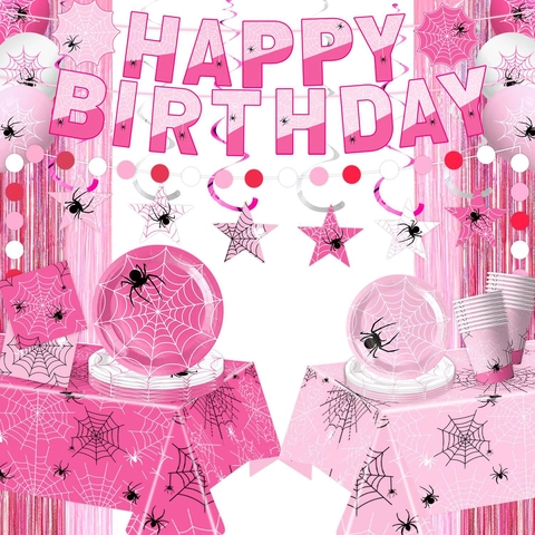Rosa Spinnennetz Halloween Geburtstag Party Geschirr Set Pappteller Tassen Servietten Tischdecke Banner Luftballons Party Zubehör