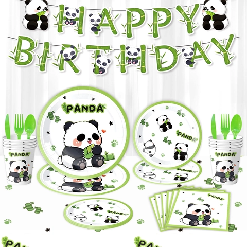 Panda Birthday Party Tableware Set Green Bamboo Paper Plates Cups Napkins Banner Tablecloth Balloons Kids Birthday Supplies