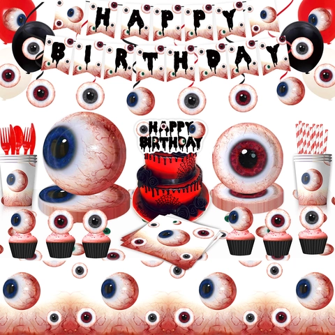 Halloween Augapfel Thema Party Dekoration Einweg Papierteller Becher Tischdecke Banner Luftballons Besteck Set Für Geburtstag Deko