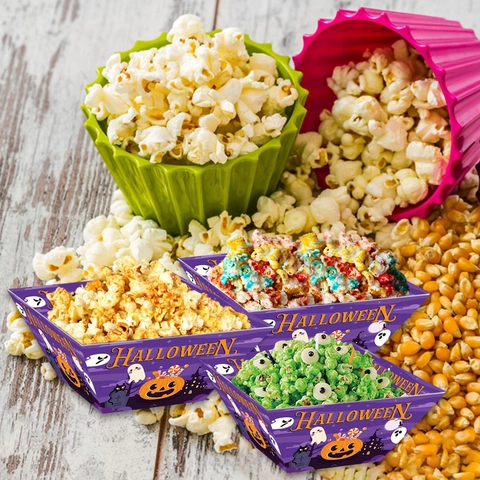 Cajas de Palomitas Cuadradas de Halloween Contenedores de Papel Púrpura para Aperitivos Con Diseño de Calabaza Fantasma Castillo