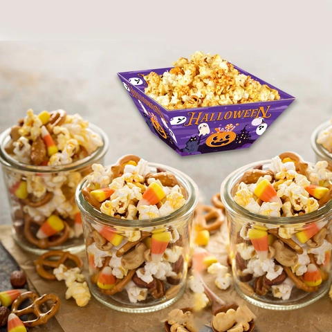 Cajas de Palomitas Cuadradas de Halloween Contenedores de Papel Púrpura para Aperitivos Con Diseño de Calabaza Fantasma Castillo