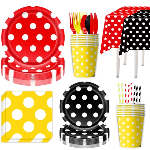 Polka Dot Disposable Party Tableware Set Paper Plates Cups Napkins Tablecloth Banner For Birthday Wedding Party Supplies