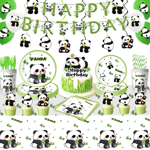 Panda Birthday Party Tableware Set Green Bamboo Paper Plates Cups Napkins Banner Tablecloth Balloons Kids Birthday Supplies