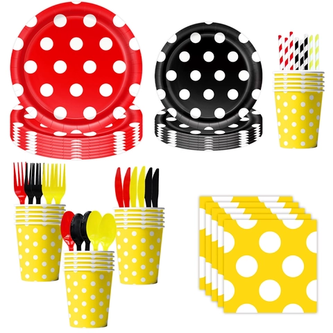Stoviglie per Feste a Pois Piatti di Carta Usa e Getta Bicchieri Tovaglioli Banner Tovaglia Per Decorazioni Compleanno