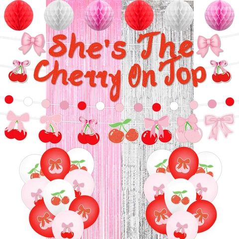 Cherry Theme Party Decorations Set Pink Red White She's The Cherry On Top Banner Latex Balloons For Girls Birthday