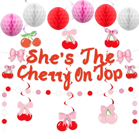 Cherry Theme Party Decorations Set Pink Red White She's The Cherry On Top Banner Latex Balloons For Girls Birthday