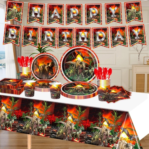 Set Stoviglie Festa Compleanno Dinosauro Vulcano Piatti Carta Usa e Getta Tovaglioli Bicchieri Banner Tovaglia Decorazioni Per Bambini Ragazzi