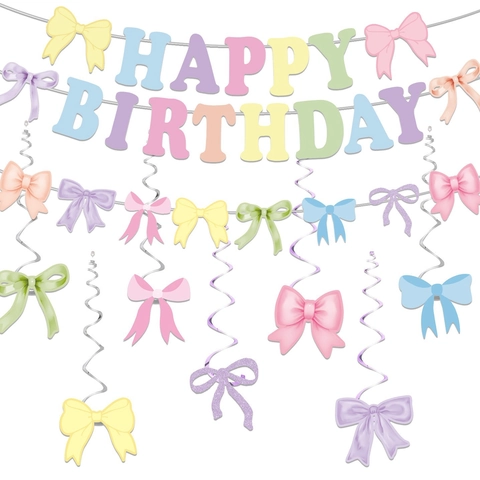 Macaron Farbe Happy Birthday Alphabet Banner Schleife Ziehflagge Und Metallische Hängende Wirbel Party Dekoration Für Feier