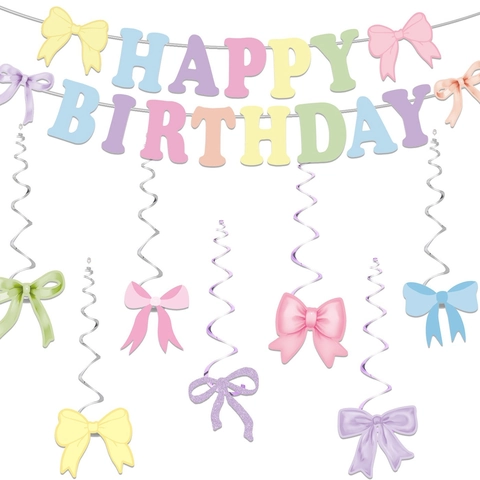 Macaron Farbe Happy Birthday Alphabet Banner Schleife Ziehflagge Und Metallische Hängende Wirbel Party Dekoration Für Feier