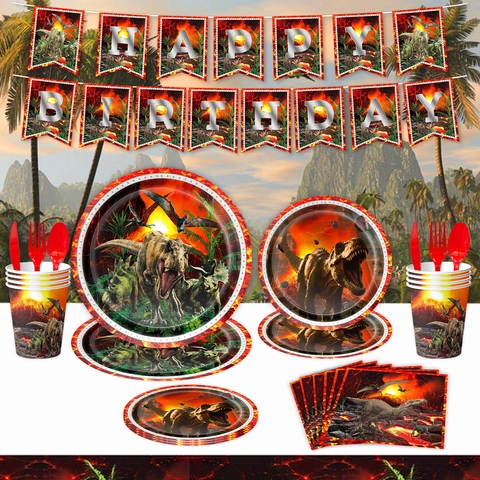 Set Stoviglie Festa Compleanno Dinosauro Vulcano Piatti Carta Usa e Getta Tovaglioli Bicchieri Banner Tovaglia Decorazioni Per Bambini Ragazzi