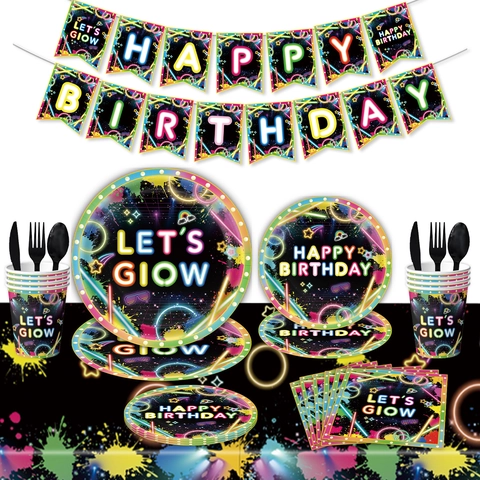 Let's Glow Neon Party Supplies Colorful Splatter Disco Birthday Banner Balloon Cake Topper Tablecloth Tableware Collection