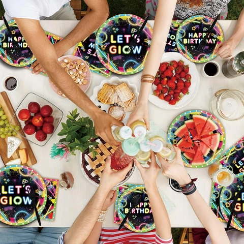 Let's Glow Neon Party Supplies Colorful Splatter Disco Birthday Banner Balloon Cake Topper Tablecloth Tableware Collection