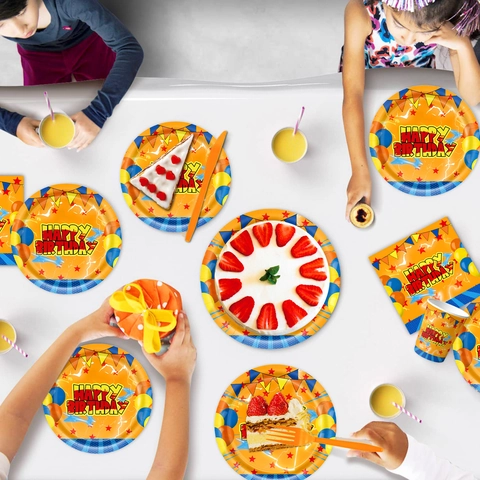 Orange Happy Birthday Party Tableware Paper Plates Cups Napkins Tablecloth Pennant Banner Gift Bags Plastic Cutlery Straws