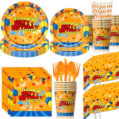 Orange Happy Birthday Party Tableware Paper Plates Cups Napkins Tablecloth Pennant Banner Gift Bags Plastic Cutlery Straws
