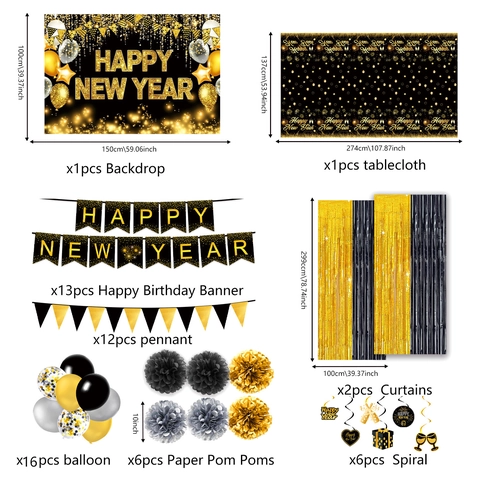 Black Gold Happy New Year Party Decorations Set Includes Banner Backdrop Tablecloth Balloons For New Year Eve Party Supplies