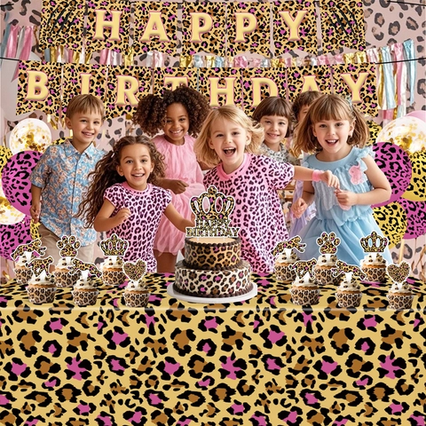 Stampa Leopardata Decorazioni per Feste di Compleanno Stoviglie Tovaglia Banner Palloncini Piatti di Carta Bicchieri Tovaglioli Monouso