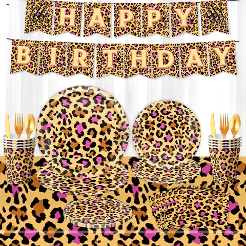 Stampa Leopardata Decorazioni per Feste di Compleanno Stoviglie Tovaglia Banner Palloncini Piatti di Carta Bicchieri Tovaglioli Monouso