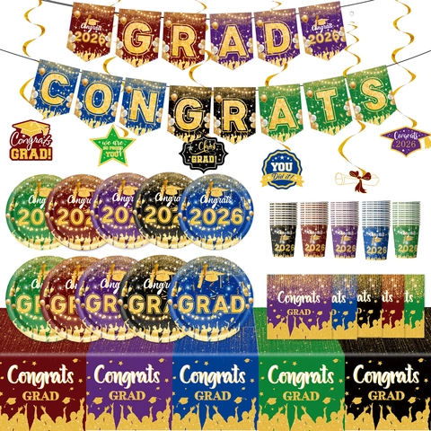 Congrats GRAD Abschluss Thema Party Dekorationen Banner Hängende Wirbel Tischdecke Einweg Pappbecher Teller Servietten Set Für Absolventen Feier Deko Bedarf