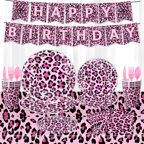 Ensemble Décoration Fête Anniversaire Léopard Rose Bannière Assiettes Gobelets Serviettes Nappe Ballons Fond Décoration Gâteau