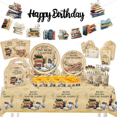 Vintage Book Reading Theme Party Decorations Retro Bookish Birthday Party Plates Napkins Tablecloth Banner Cake Toppers
