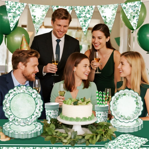 Ensemble de Vaisselle de Fête Thème Feuille d'Eucalyptus Assiettes en Papier Jetables Gobelets Serviettes Nappe Bannière pour Mariage