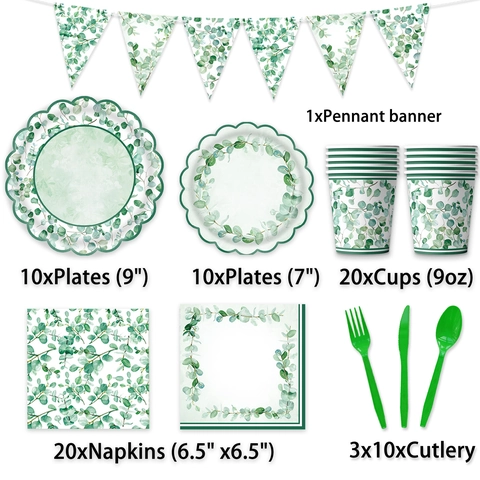 Eucalyptus Sage Green Party Supplies Set Disposable Tableware Paper Plates Napkins Cups Tablecloth Bunting For Birthday Wedding Decorations