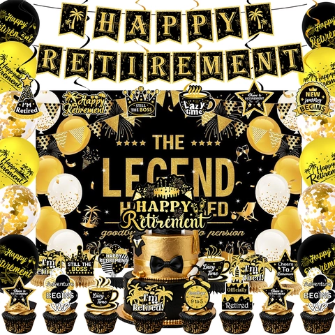 Set di Decorazioni per Festa di Pensionamento Nero Oro Banner Alfabeto Palloncini Cake Topper Sfondo per Forniture Celebrazione