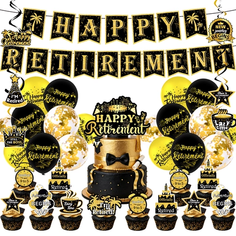Set di Decorazioni per Festa di Pensionamento Nero Oro Banner Alfabeto Palloncini Cake Topper Sfondo per Forniture Celebrazione
