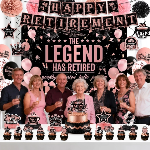 Ensemble Décoration Fête Retraite Or Rose Bannière Happy Retirement Fond Légende Ballons Topper Gâteau Nid d'Abeille Pour Fournitures Célébration Retraite