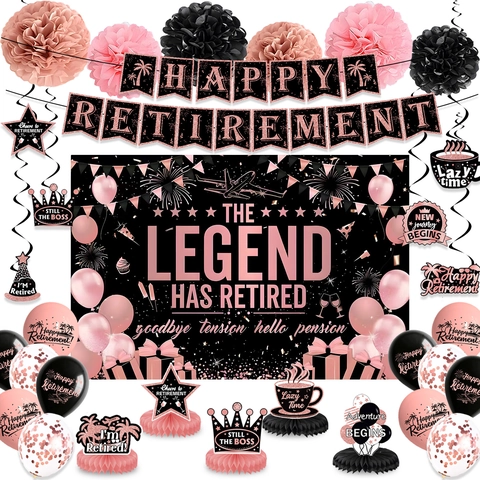 Ensemble Décoration Fête Retraite Or Rose Bannière Happy Retirement Fond Légende Ballons Topper Gâteau Nid d'Abeille Pour Fournitures Célébration Retraite