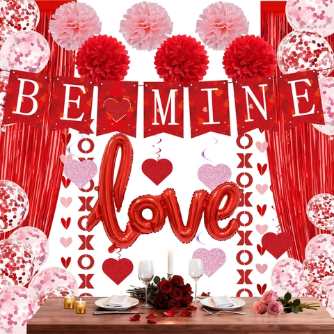 Valentine's Day Decor Set Be Mine Banner Love Foil Balloon Paper Pom Poms Fringe Curtain Confetti Balloons Party Supplies