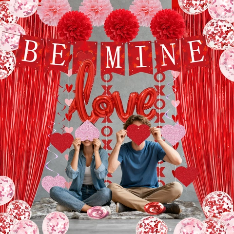 Valentine's Day Decor Set Be Mine Banner Love Foil Balloon Paper Pom Poms Fringe Curtain Confetti Balloons Party Supplies