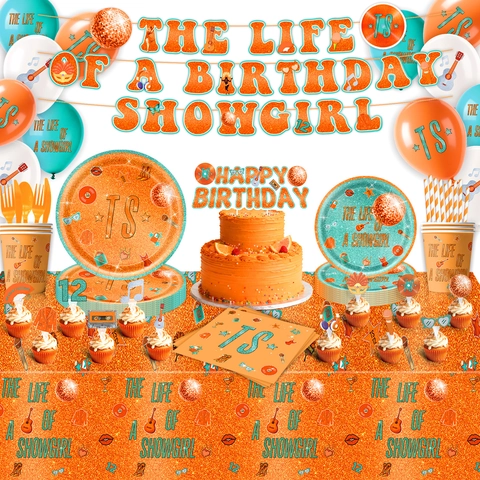 Orange Showgirl Theme Birthday Party Supplies Set Paper Plates Napkins Cups Tablecloth Balloons Banner Music Theme Party Decor