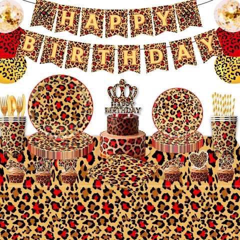Set Festa di Compleanno Stampa Leopardata Rossa Piatti di Carta Bicchieri Tovaglioli Tovaglia Striscione Palloncini Posate Oro Sfondo Decor