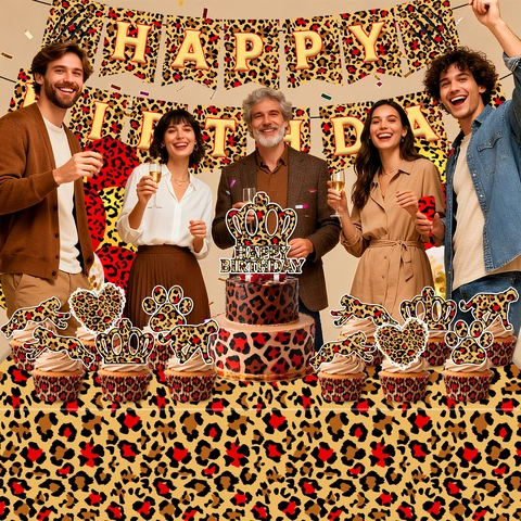 Set Festa di Compleanno Stampa Leopardata Rossa Piatti di Carta Bicchieri Tovaglioli Tovaglia Striscione Palloncini Posate Oro Sfondo Decor