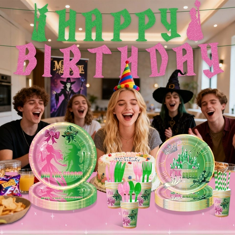 Ensemble Vaisselle Anniversaire Silhouette Sorcière Rose Vert Assiettes en Papier Gobelets Serviettes Décoration Fête