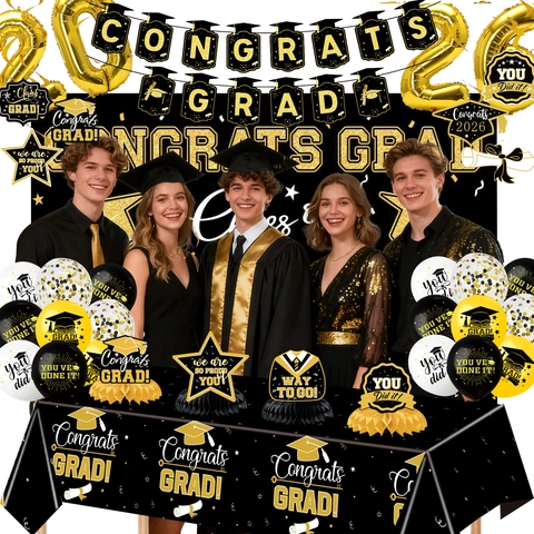 Class of 2026 Graduation Party Decorations Set Black Gold Congrats Grad Banner Balloons Tablecloth Backdrop Graduation Decor