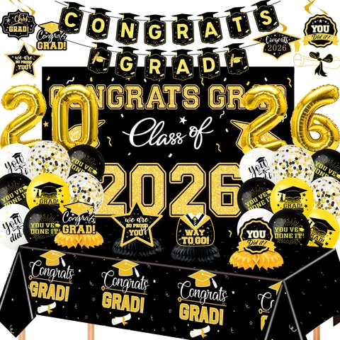 Class of 2026 Graduation Party Decorations Set Black Gold Congrats Grad Banner Balloons Tablecloth Backdrop Graduation Decor