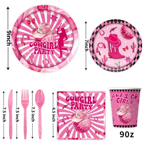 Rosa Cowgirl Party Geschirr Set Disco Thema Geburtstag Dekoration Pappteller Becher Servietten Banner Tischdecke Für Mädchen Partybedarf