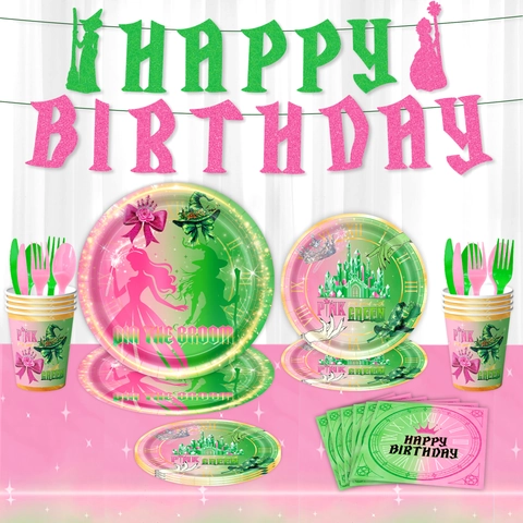 Ensemble Vaisselle Anniversaire Silhouette Sorcière Rose Vert Assiettes en Papier Gobelets Serviettes Décoration Fête