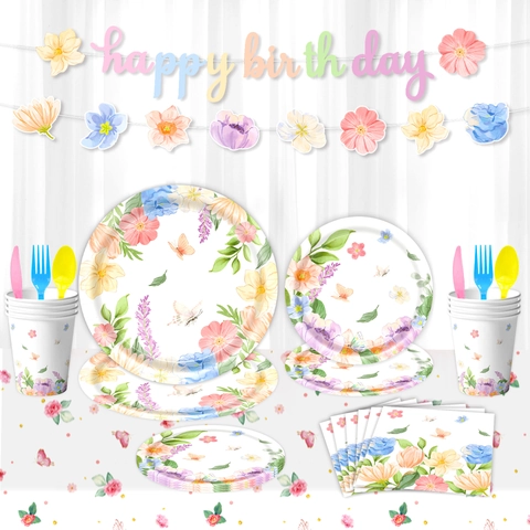 Set di Stoviglie Monouso per Decorazioni per Feste di Compleanno con Fiori e Farfalle Acquerello Piatti Bicchieri Tovaglioli Banner Tovaglia
