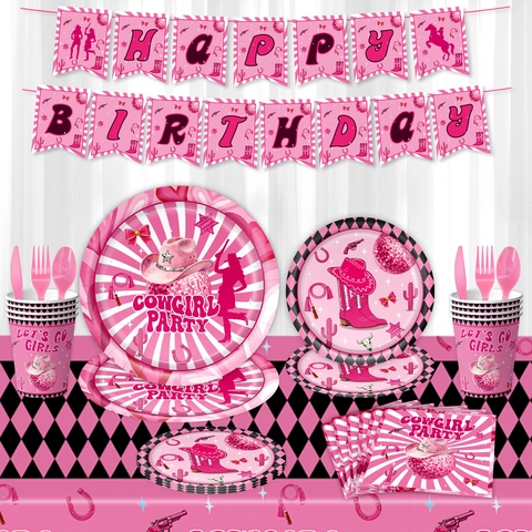 Pink Cowgirl Theme Birthday Party Decoration Supplies Disposable Paper Plates Cups Napkins Banner Balloons Western Theme