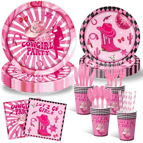 Pink Cowgirl Theme Birthday Party Decoration Supplies Disposable Paper Plates Cups Napkins Banner Balloons Western Theme