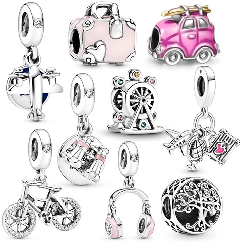 Silver Plated Alloy Travel Theme Charms Airplane Suitcase Bicycle Ferris Wheel Zirconia Pendants For DIY Bracelet Jewelry