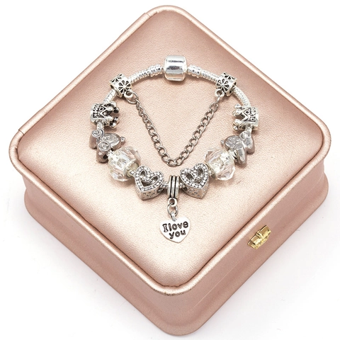 Silver Plated Heart Crown Charm Bracelet For Women Rhinestone Inlaid Snake Chain Jewelry Festival Gift Accessory