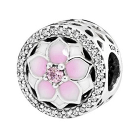 Floral Magnolia Flower Beads DIY Bracelet Charms Alloy Enamel Rhinestone Sakura Daisy Beads For Jewelry Making Women Accessories