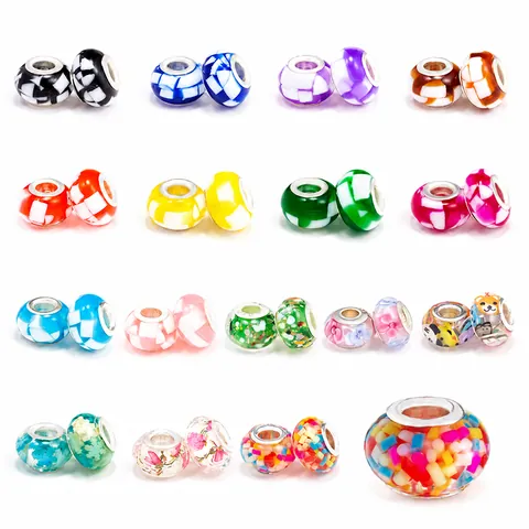 Fashion Printed Plastic Large Hole Beads Mosaic Floral Pattern Resin Alloy Core Charms For DIY Bracelet Necklace Making