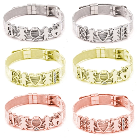 Adjustable Titanium Steel Mesh Bracelet Heart Boy Girl Charms Inlaid Rhinestone Watch Band Style Jewelry Gift For Women